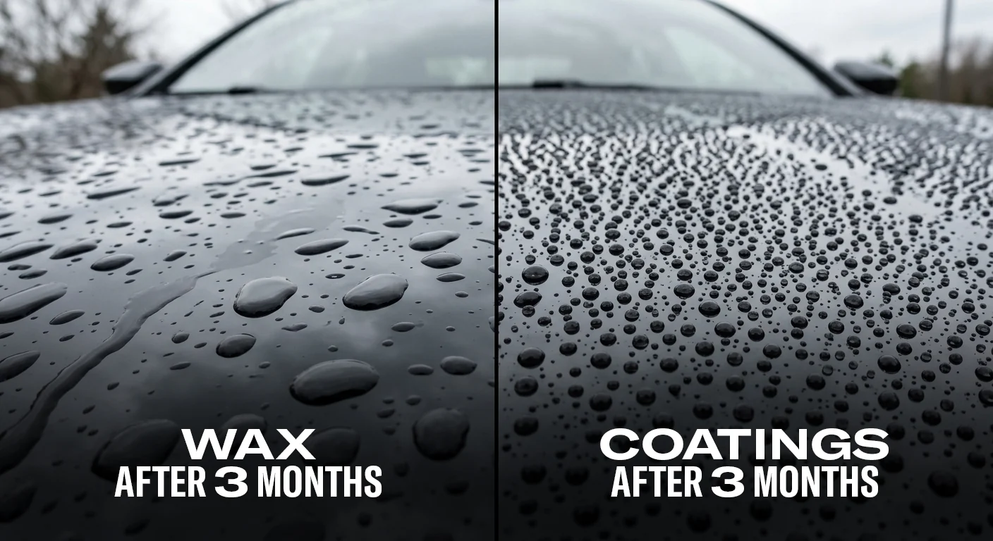Water behavior comparison showing wax and ceramic coating after three months